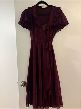 Women's Burgundy Ruffle Wrap Dress